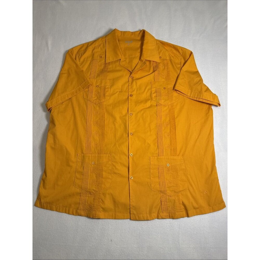 KS‎ Island Guayabera Shirt Men 3XL Big Orange Pleated Cuban Camp Hawaiian Button